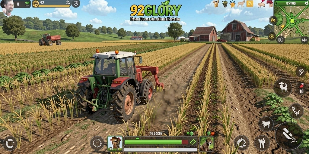 Screenshot permainan 92GLORY menampilkan ladang yang subur.