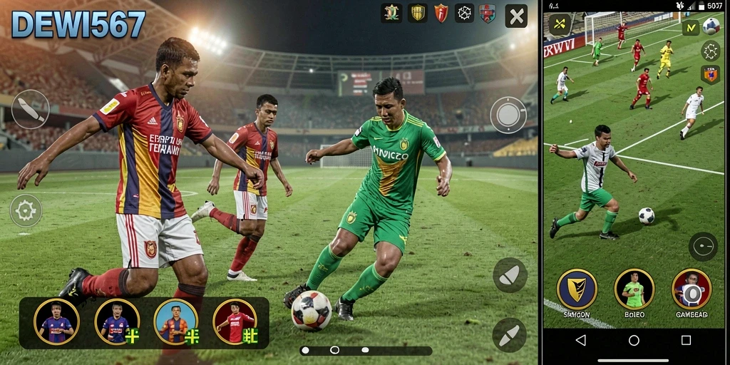 Screenshot DEWI567 menampilkan aksi intens di lapangan sepak bola.