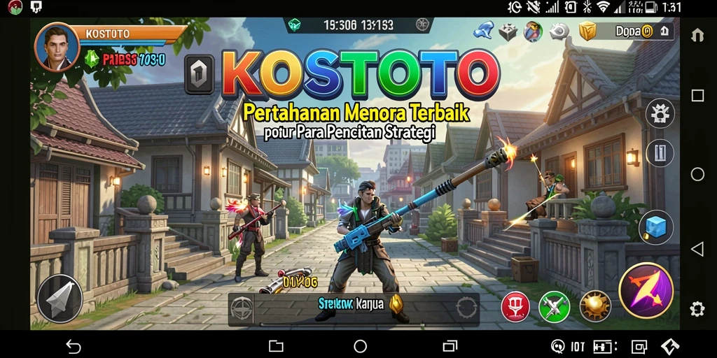 Tampilan gameplay KOSTOTO yang mendebarkan dengan menara dan musuh.