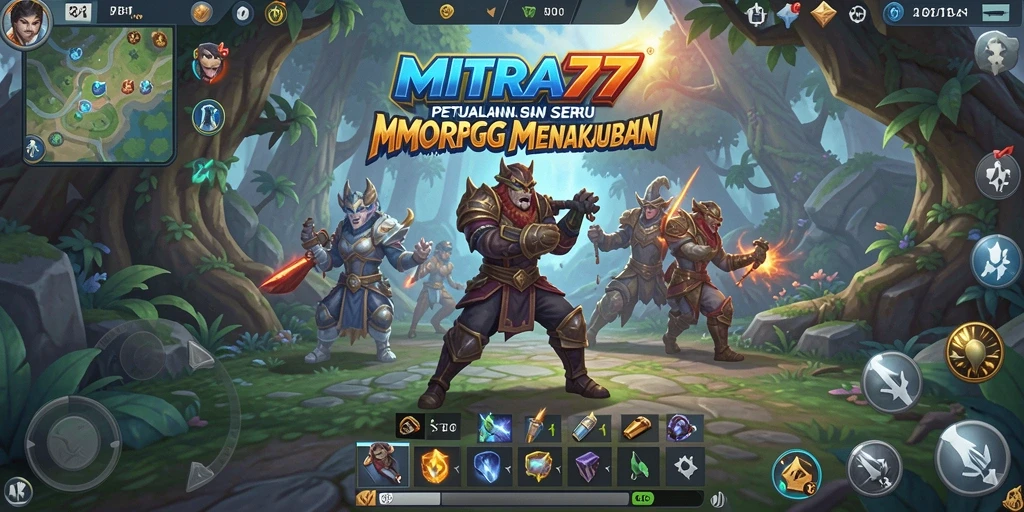 Tangkapan layar utama MITRA77 menampilkan aksi seru dalam arena perang MMORPG.
