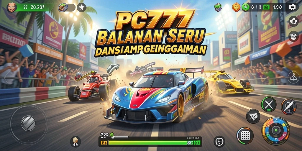 Tampilan gameplay seru dari PC777 yang menampilkan balapan mendebarkan.