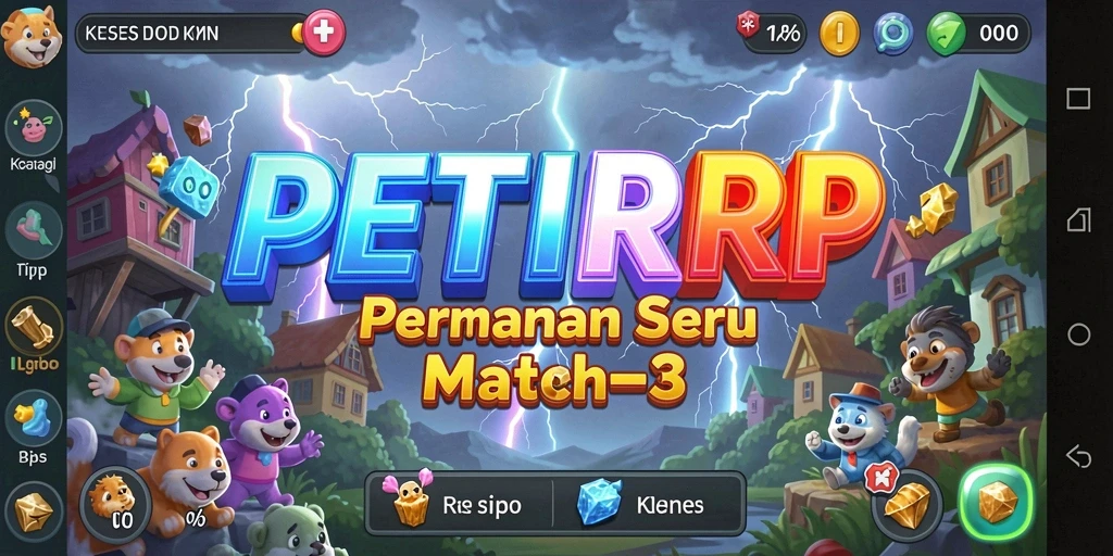 Tampilan menarik dari gameplay Match-3 PETIRRP yang penuh warna.