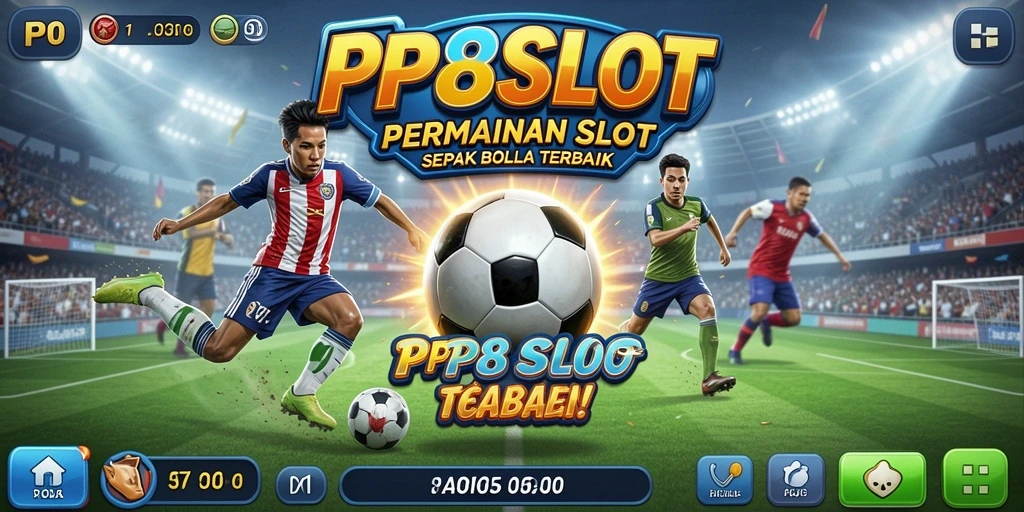 Screenshot utama PP8SLOT menampilkan gameplay slot sepak bola yang mendebarkan.