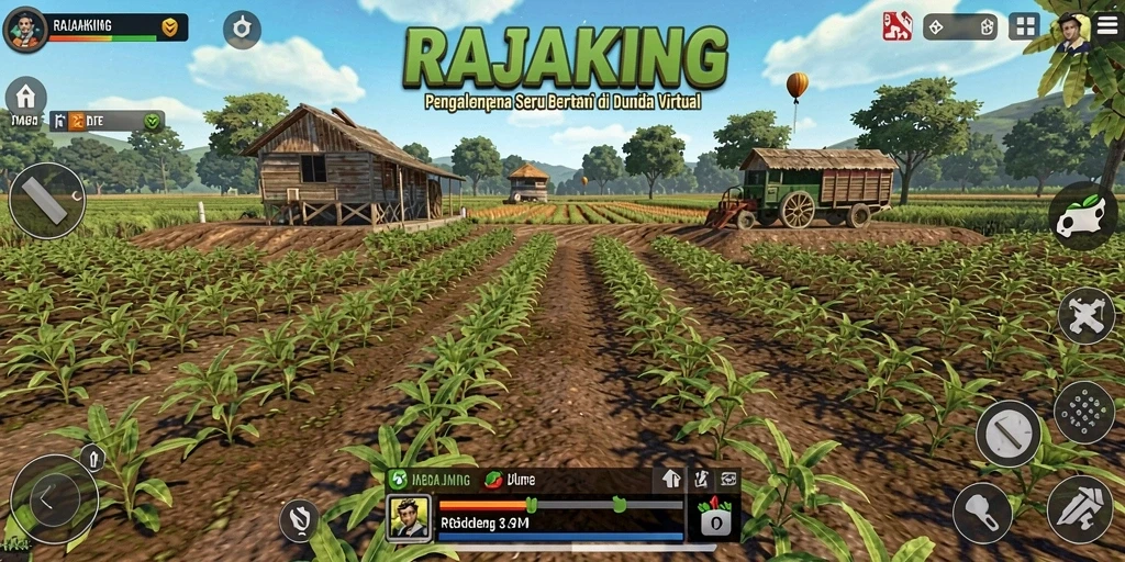 Tangkapan layar RAJAKING menampilkan desain ladang yang indah dengan berbagai tanaman dan hewan.