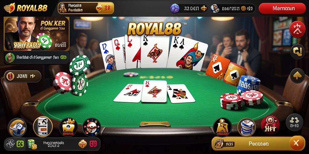Screenshot permainan poker di ROYAL88 menampilkan aksi mendebarkan di meja.