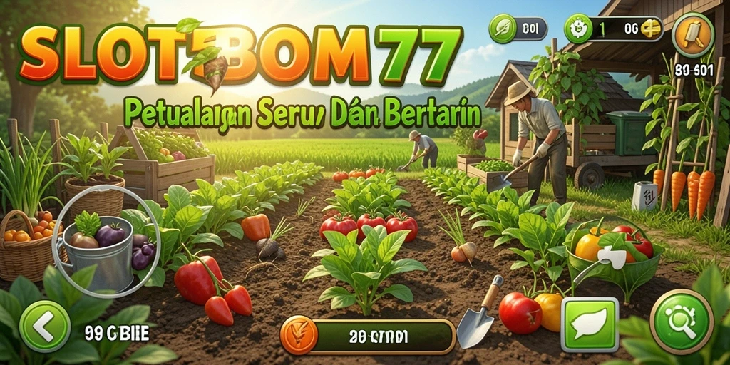 Tampilan gameplay SLOTBOM77 dengan ladang yang subur dan berbagai tanaman.